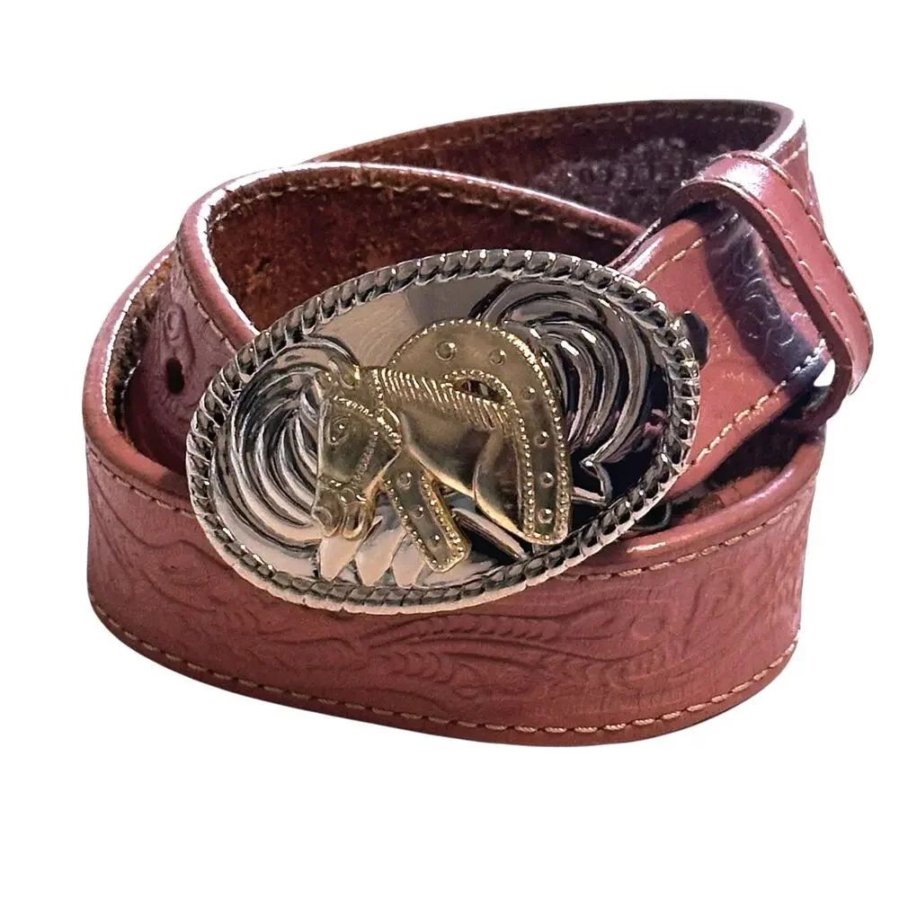 Nocona Pink Tooled Leather Belt Girls Size 22 Western Horse Pin Buckle
